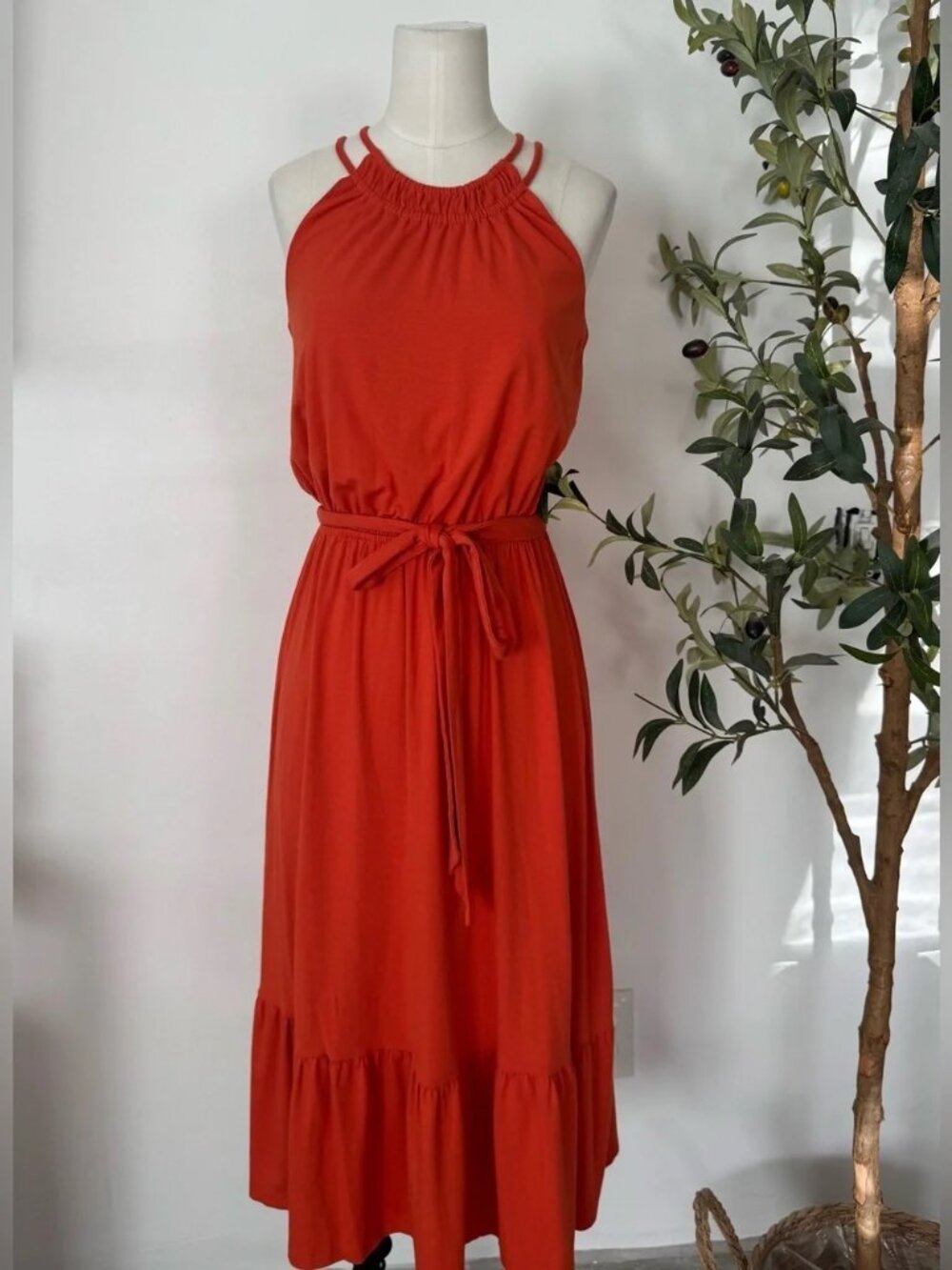 Loft Petite XS Orange Sleeveless Midi Dress Tie Waist Ruffle Hem Summer Dress